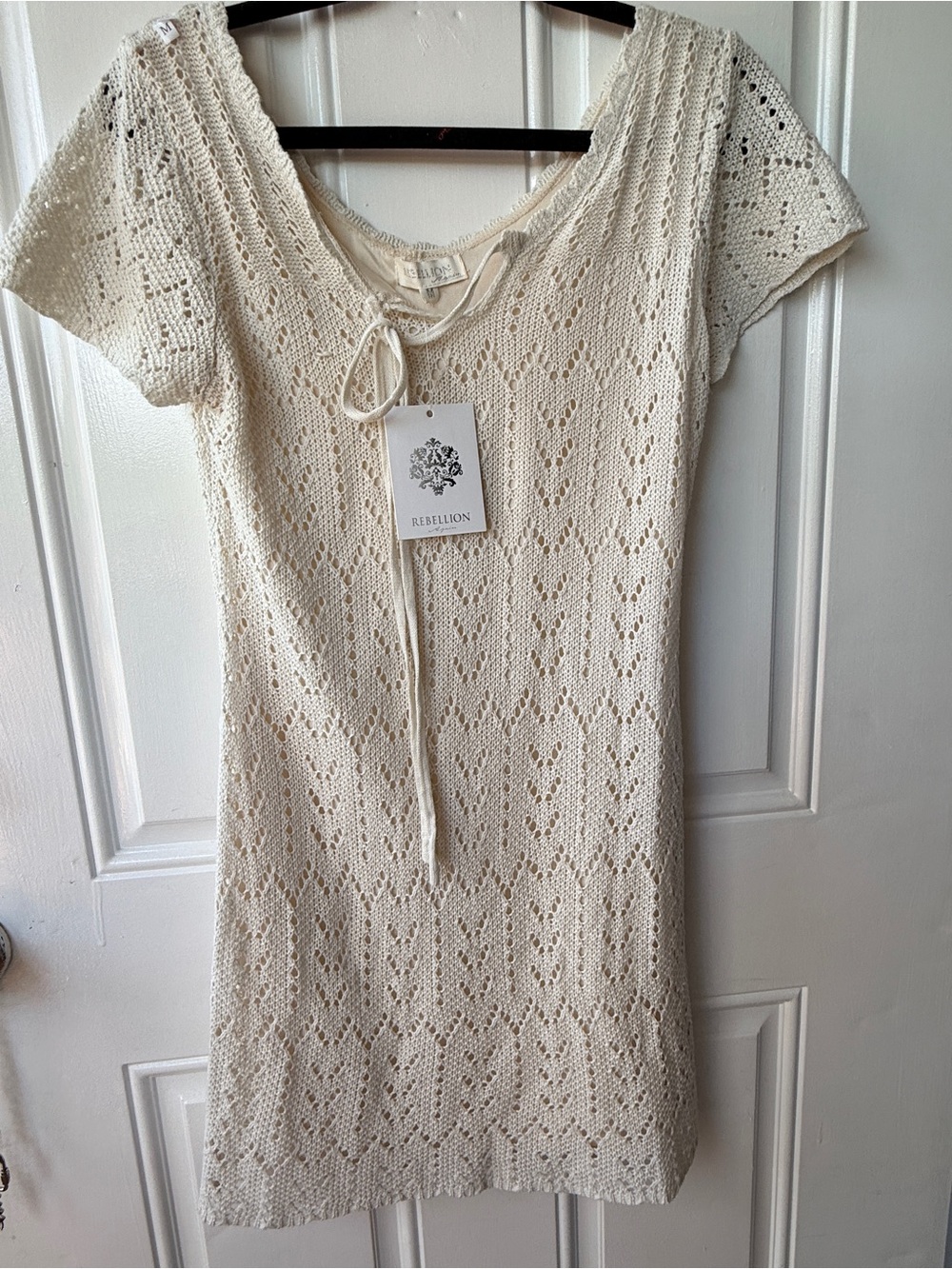 Rebellion Cream Crochet Tie-Front Mini Dress